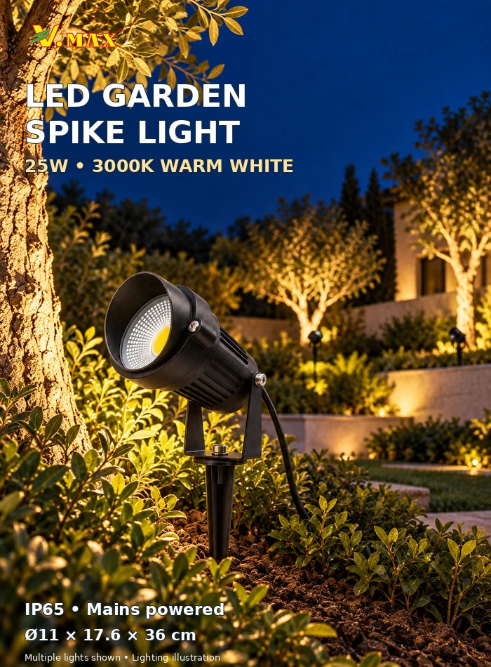 Black 25W COB LED garden spike light with warm white tree uplighting in a villa garden and dimensions of 11 by 17.6 by 36 cm