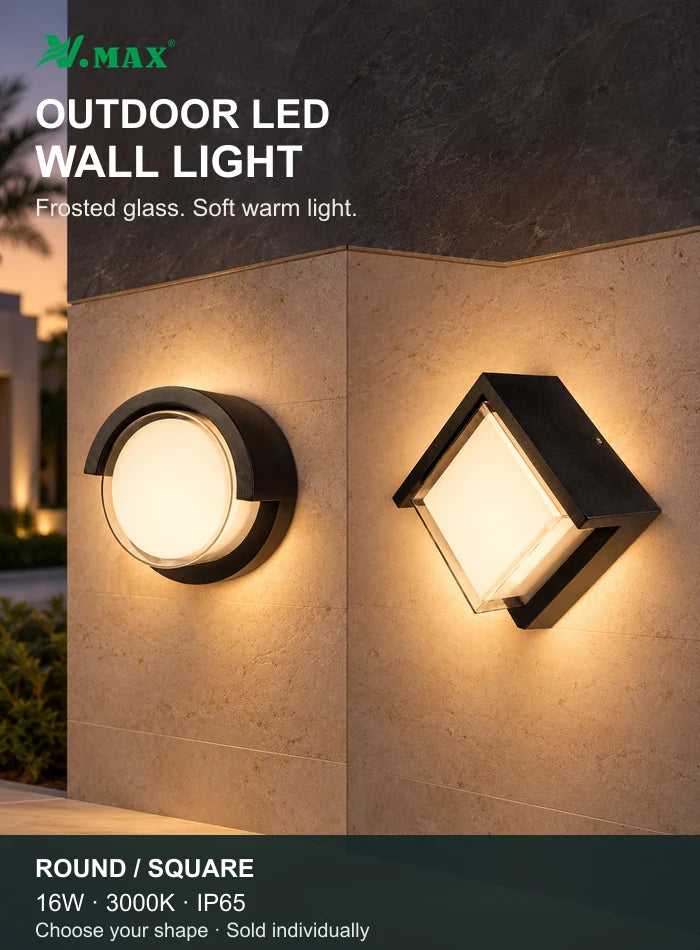 Round and square black outdoor LED wall lights with frosted glass diffusers illuminating a villa wall; alternative designs sold individually