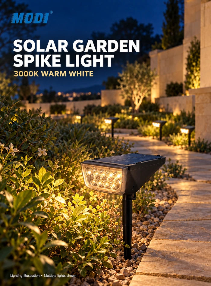 MODI solar garden spike light with an integrated solar panel and warm white lighting in a villa garden; multiple lights shown in an illustrative scene.