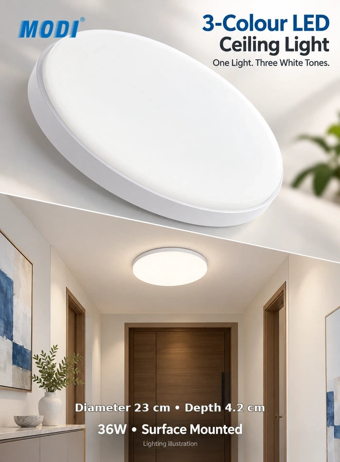 Round LED ceiling light with 23 cm diameter and 4.2 cm depth shown in an indoor hallway
