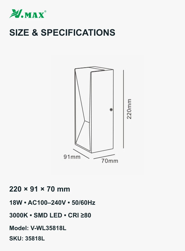 Official VMAX wall light dimension drawing showing 220 mm height, 91 mm width and 70 mm depth