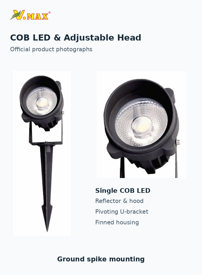 Official photographs of the 25W garden spike light showing its complete ground spike, COB reflector, hood and adjustable U-bracket