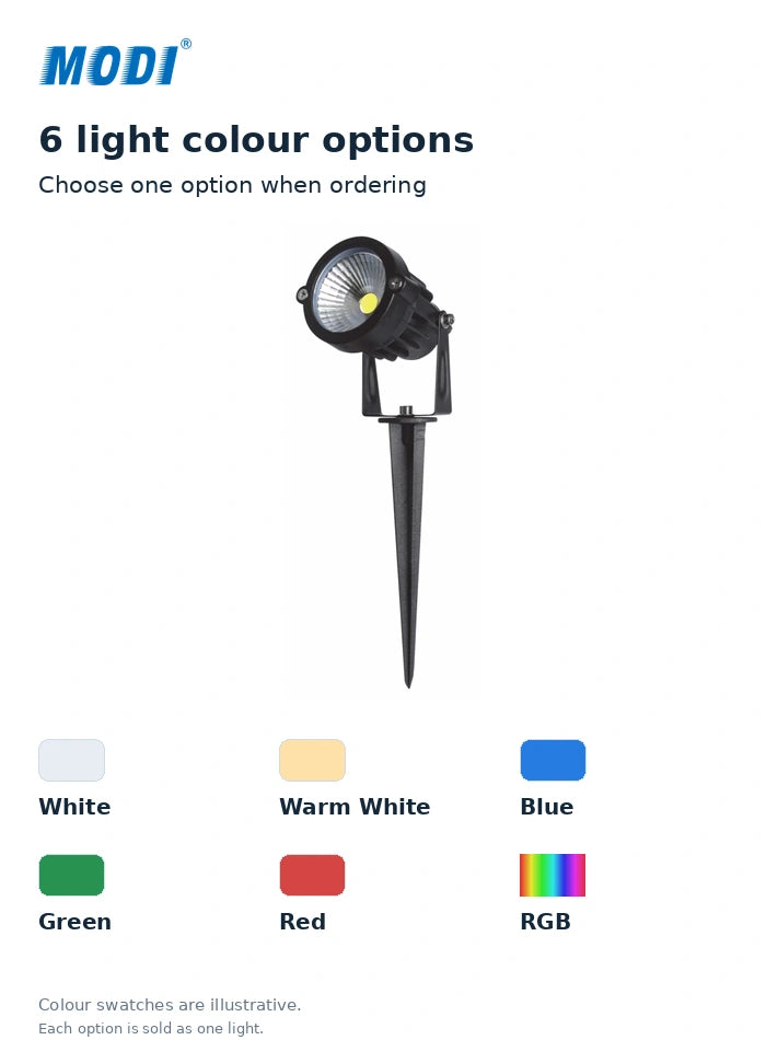 MODI 0205R garden spike light with six selectable light colour options: White, Warm White, Blue, Green, Red and RGB