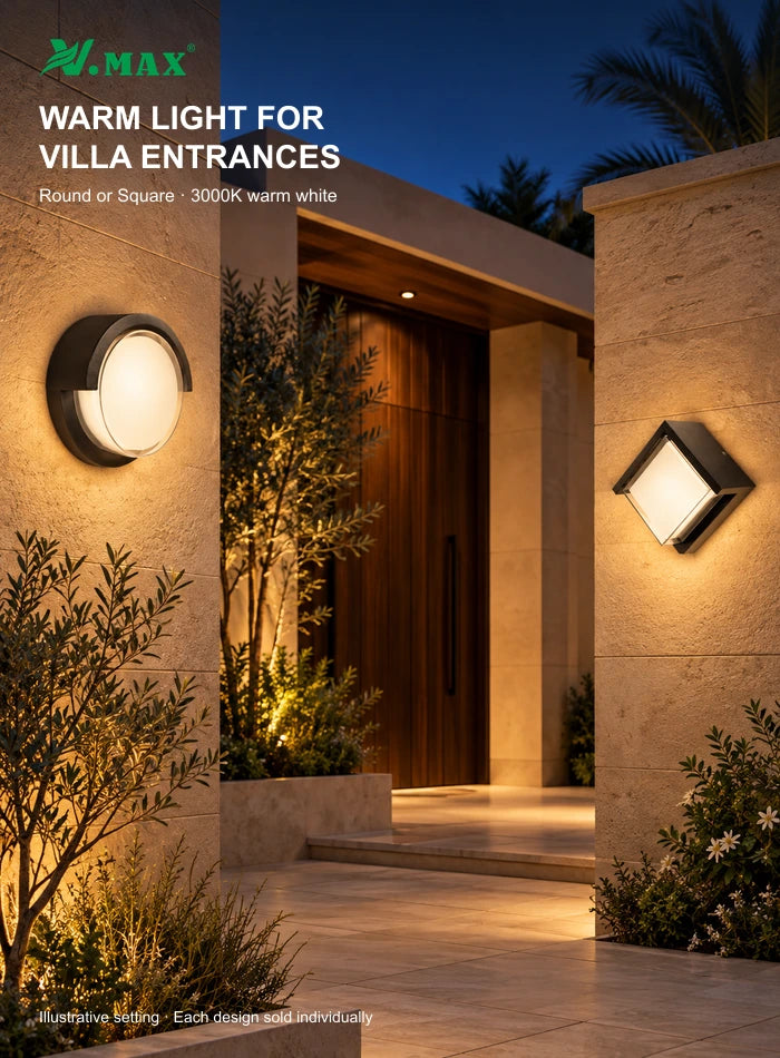 Illustrative Kuwait villa entrance at dusk with round and square black wall lights emitting warm white light; alternative designs sold individually