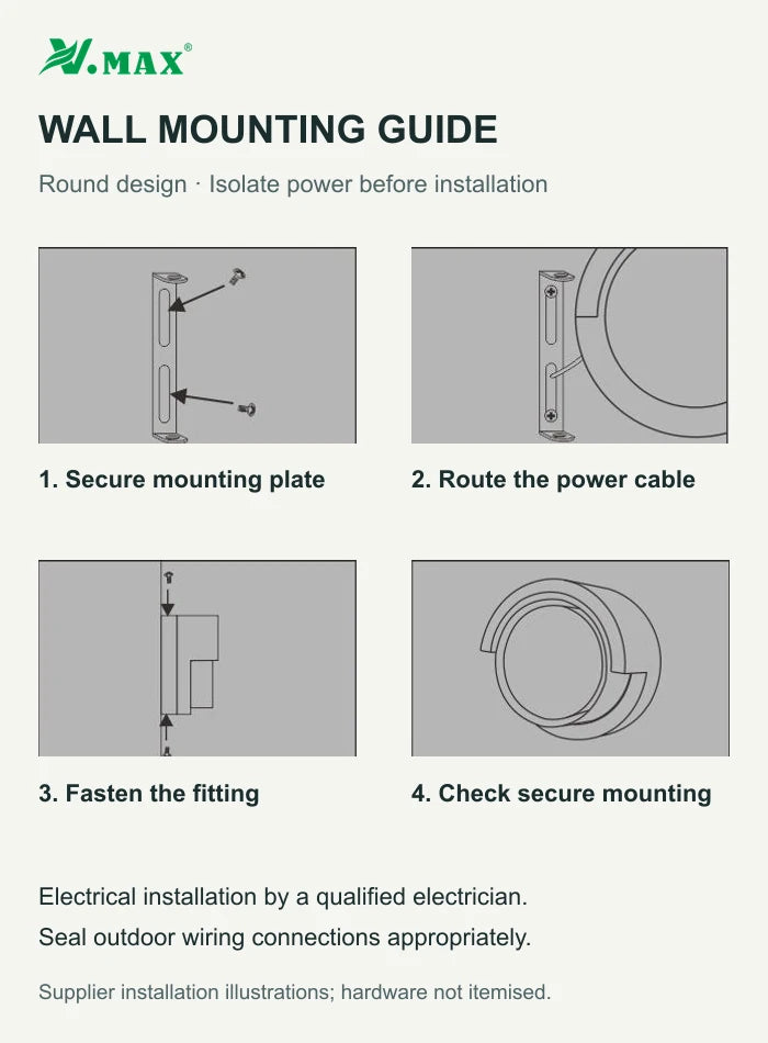 Supplier installation diagram for the round wall light showing mounting plate, cable routing and fixing screws