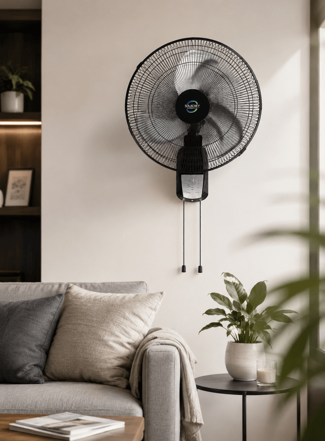 18 inch wall mounted fan installed in a living room with metal blades and 60W power for indoor cooling use