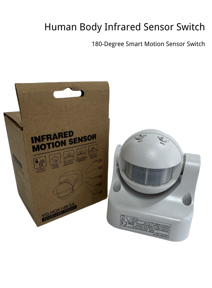 180° smart infrared motion sensor switch for home and outdoor lighting, energy-saving, auto on/off with adjustable delay and light sensitivity.