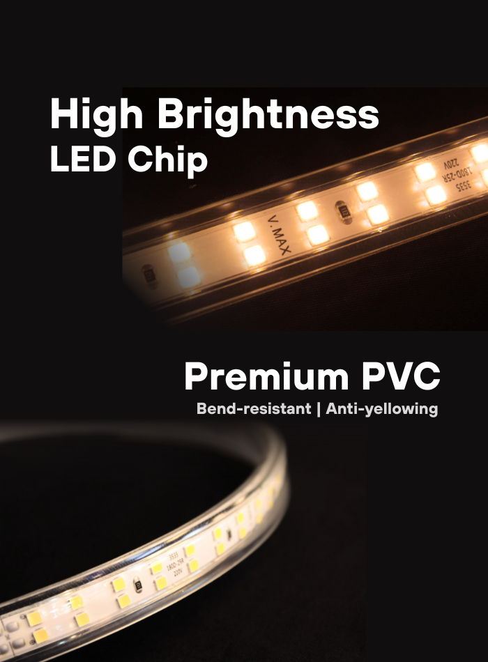 High brightness 220V double row LED strip light with premium PVC housing, anti-yellowing, 3535 chips, 180 LEDs/m, 3 color options, long lifespan