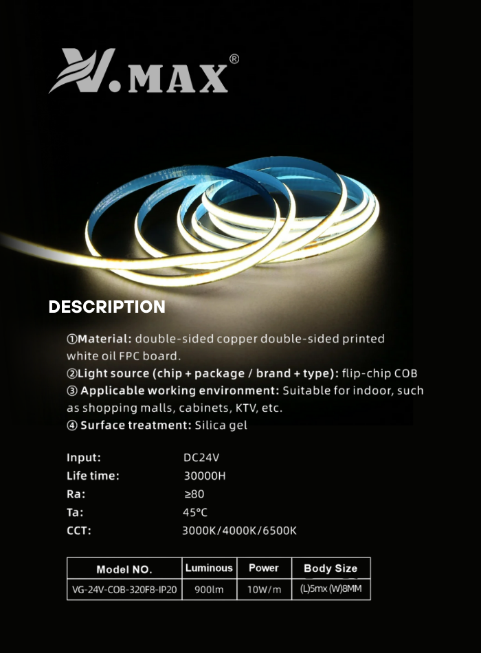 24V COB LED strip light with high brightness, safe low voltage, flicker-free, high CRI, cuttable every 5cm, and easy self-adhesive installation