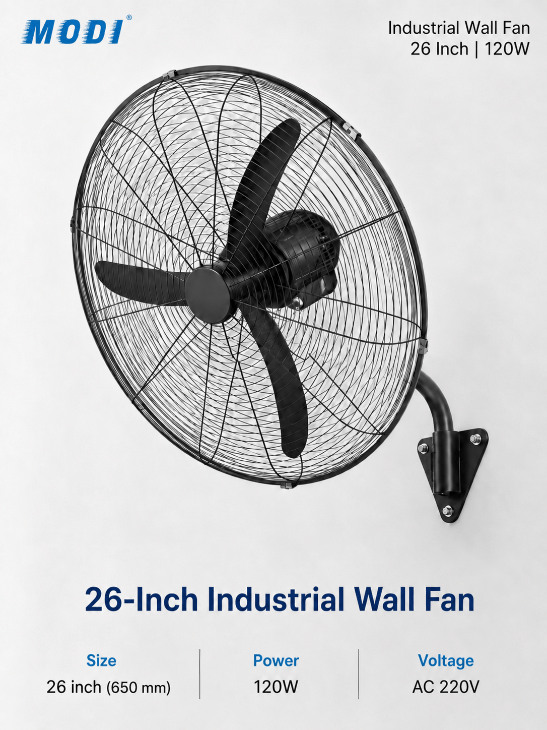 26-Inch Industrial Wall Fan 120W AC 220V MODI heavy-duty wall mounted cooling fan for restaurants, shops and commercial spaces in Kuwait