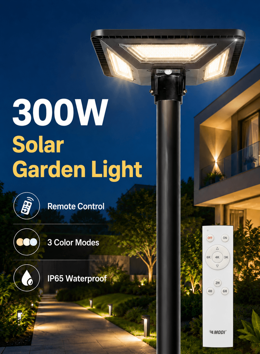 300W solar garden light in Kuwait with remote control, 3 color modes and IP65 waterproof outdoor design for villa garden and pathway lighting