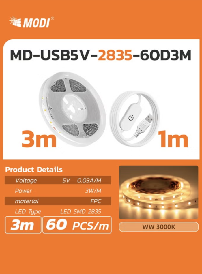 3M USB LED Strip Lights – Warm White LED Desk Light Strip for Home & Office
