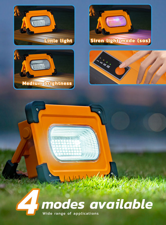 Solar emergency light with 4 lighting modes including red flashing
