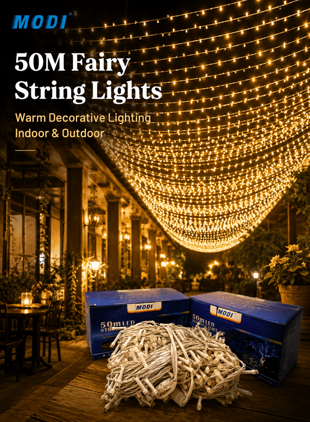 50M LED fairy string lights in warm white for outdoor decoration, gardens, balconies, events, and festive lighting in Kuwait
