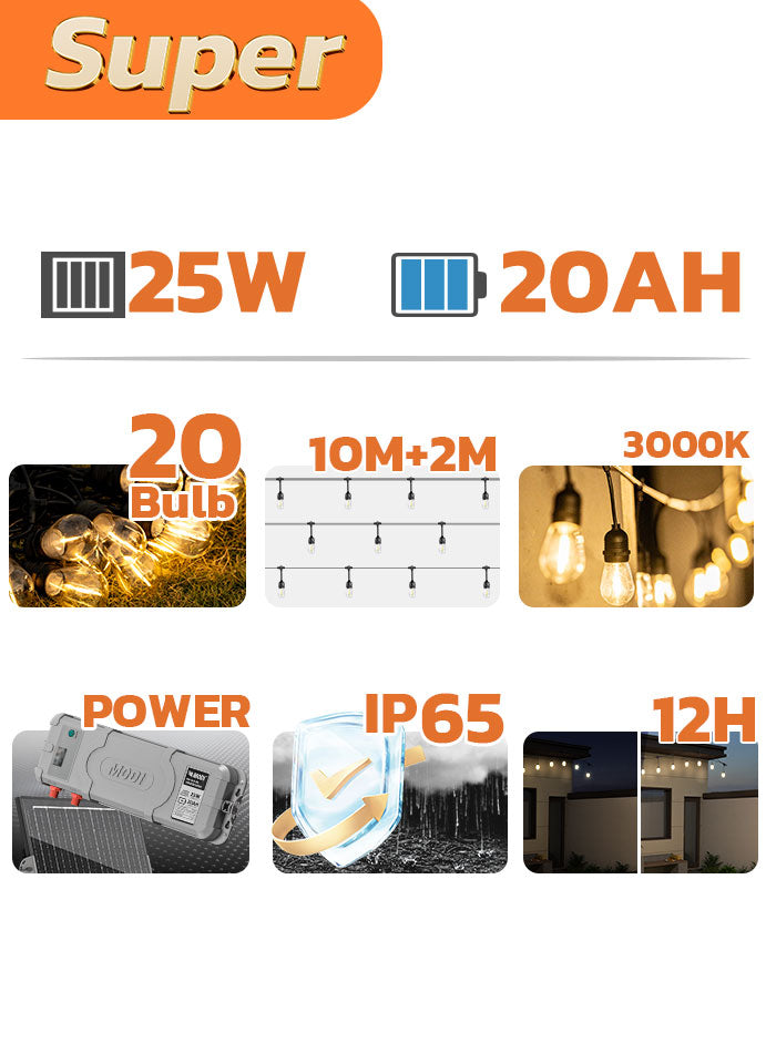 Festoon LED String Lights Solar 10m with 20 Bulbs – 3000K Warm White