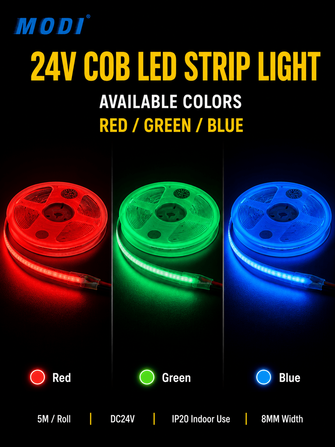 24V COB LED Strip Light – Red / Green / Blue IP20 Indoor Strip, 5M Roll