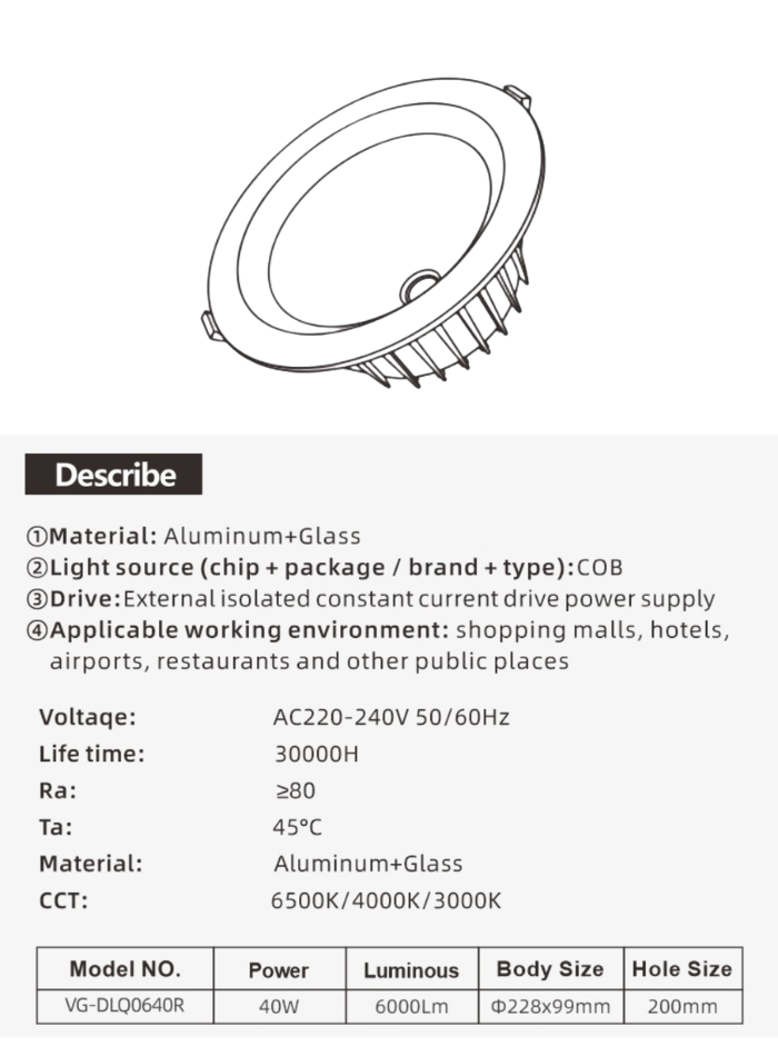 إضاءة LED سفلية خالية من الوميض بقوة 40 واط مع عاكس قرص العسل للمراكز التجارية والفنادق
