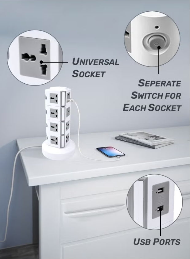 MODI Vertical Power Socket Outlet with 2 USB Ports