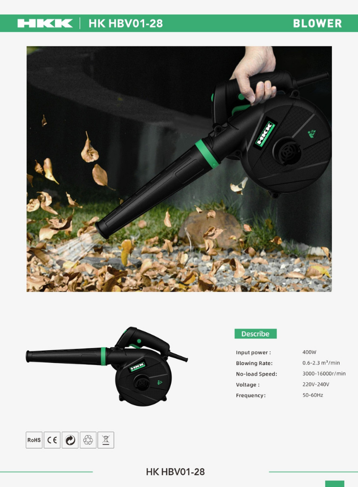 Electric blower with 6 adjustable speed settings for blowing and suction, 400W motor, home use