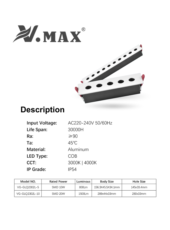 Anti-glare LED grille light with aluminum body, available in 5 or 10 lights