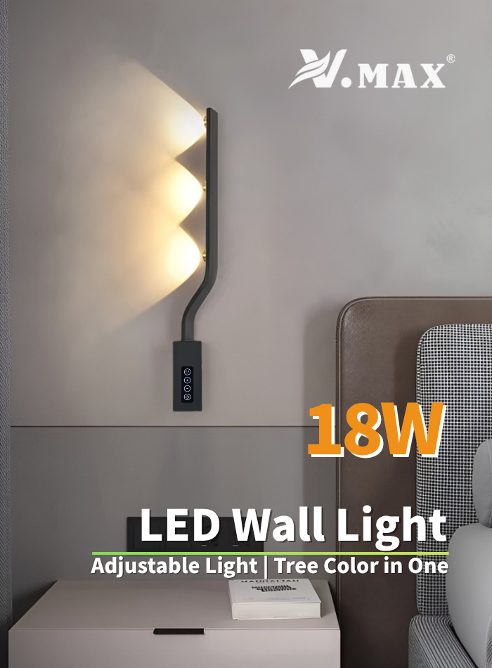 Black and gold modern LED wall lights with 350-degree adjustable angle and touch control for cozy indoor lighting.