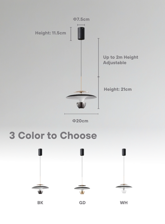 Adjustable pendant light available in black, gold, and white finishes