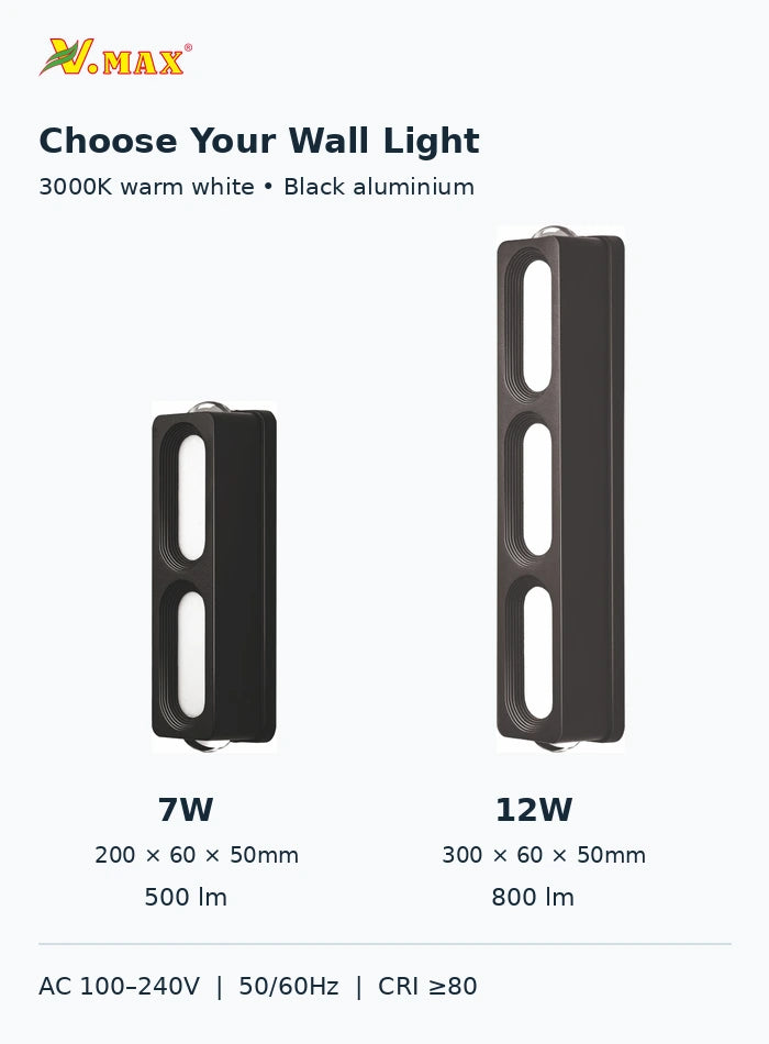 Comparison of 7W and 12W black LED wall lights showing 200mm and 300mm body lengths, dimensions and rated light output