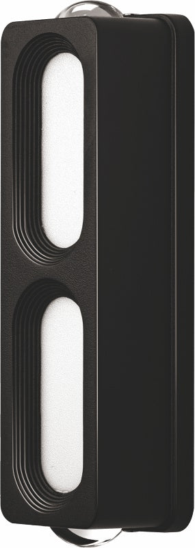 Black 7W LED wall light with two elongated front light windows and upper and lower lenses