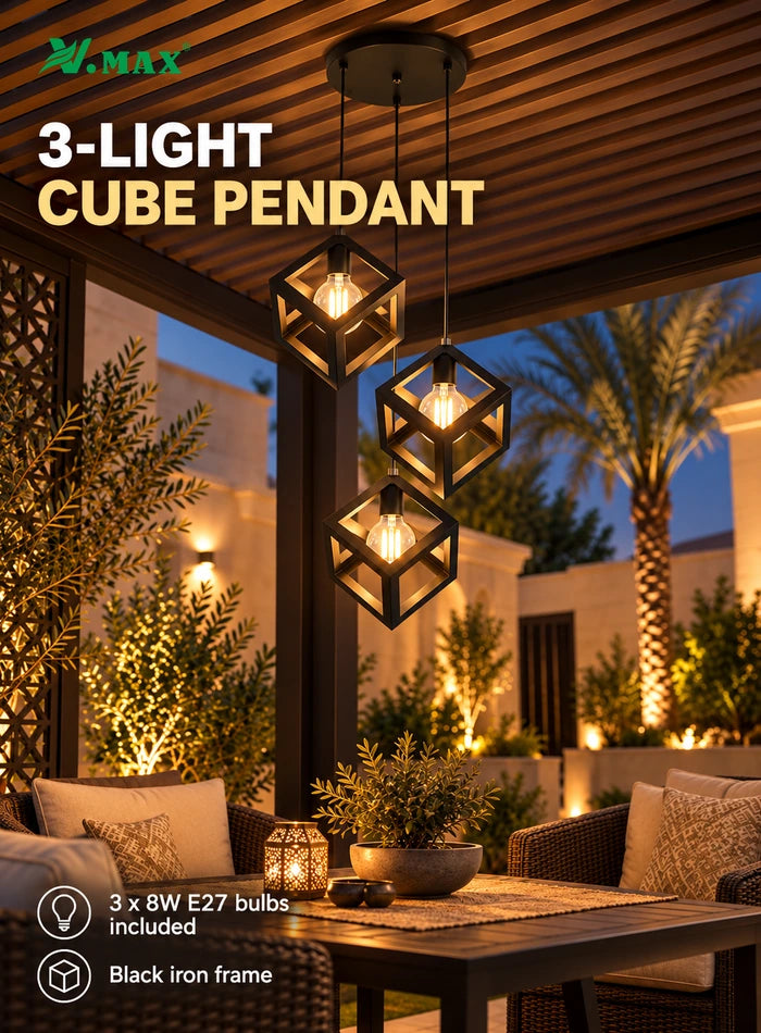 Black three-light cube pendant illuminating a covered villa seating area, with three 8W E27 bulbs included