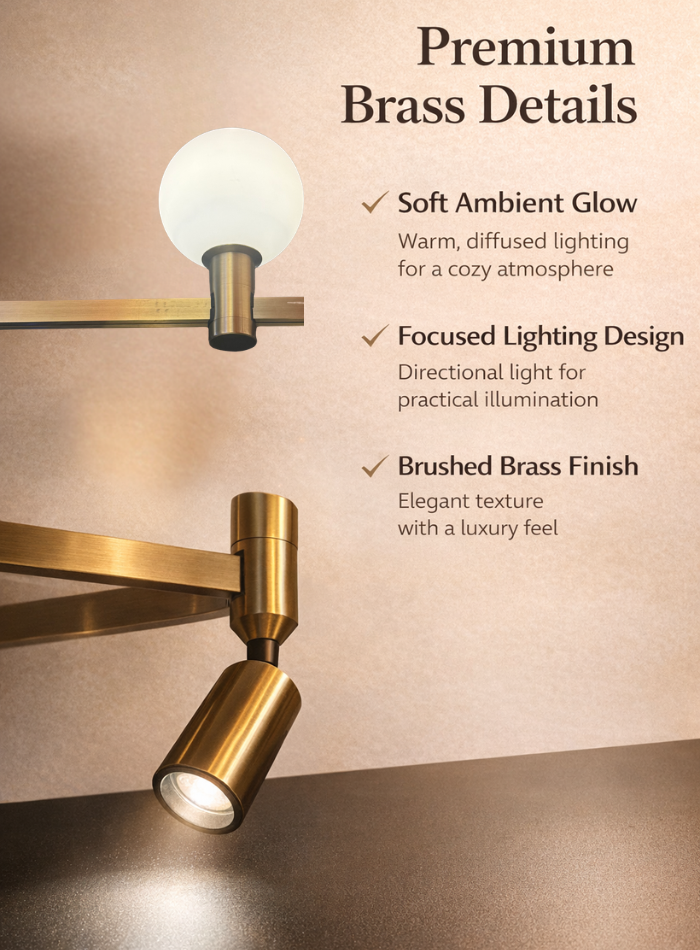 Close-up of brass pendant light with frosted glass globe and spotlight design in modern lighting