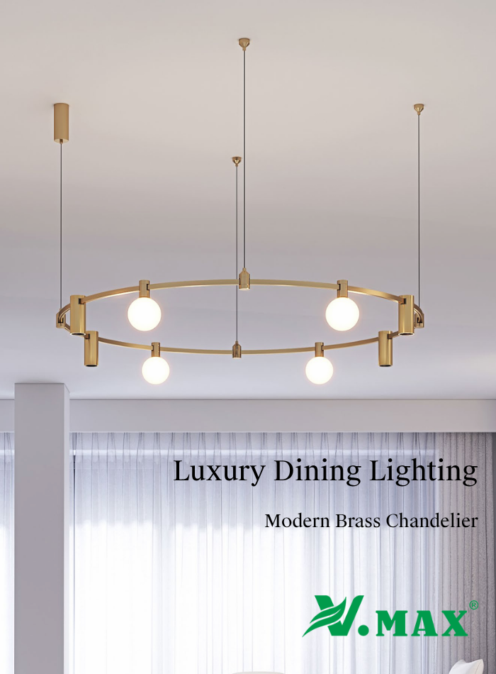 Brass ring chandelier with modern circular design above dining table in Kuwait