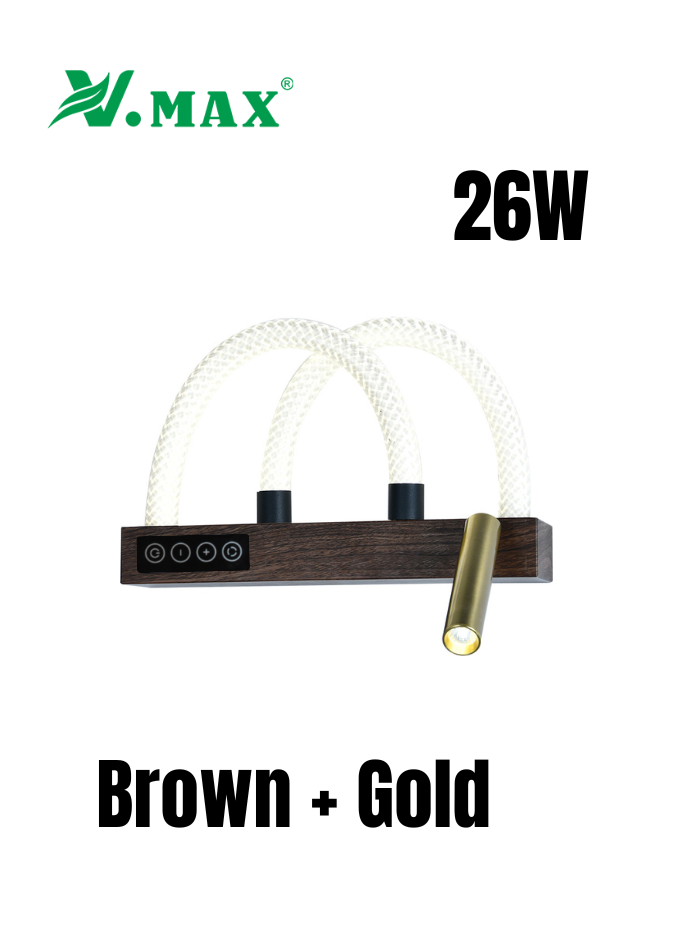 Elegant brown and gold LED wall light for bedroom, featuring 16W/26W power and 3 color temperatures