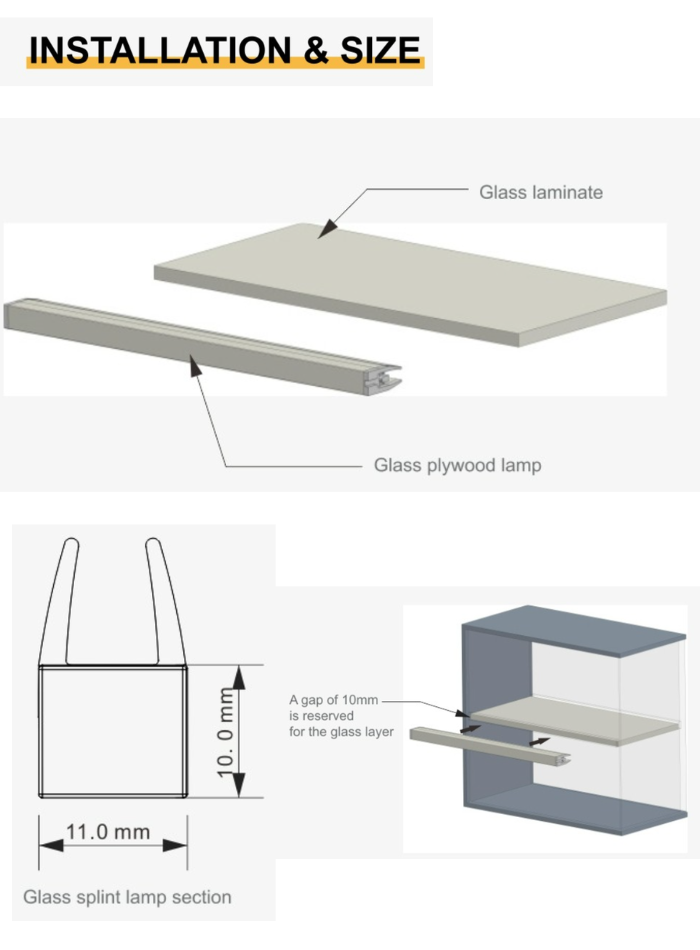 LED light clipped onto glass shelf inside a kitchen cabinet without drilling