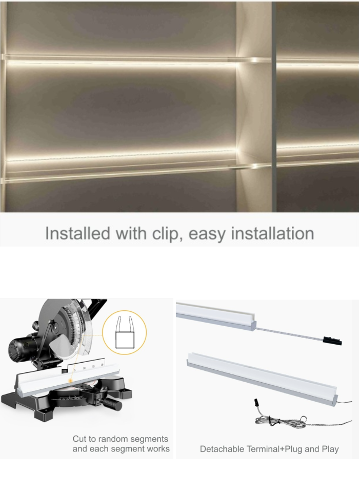 Bright LED light illuminating inside of a cabinet through a glass shelf