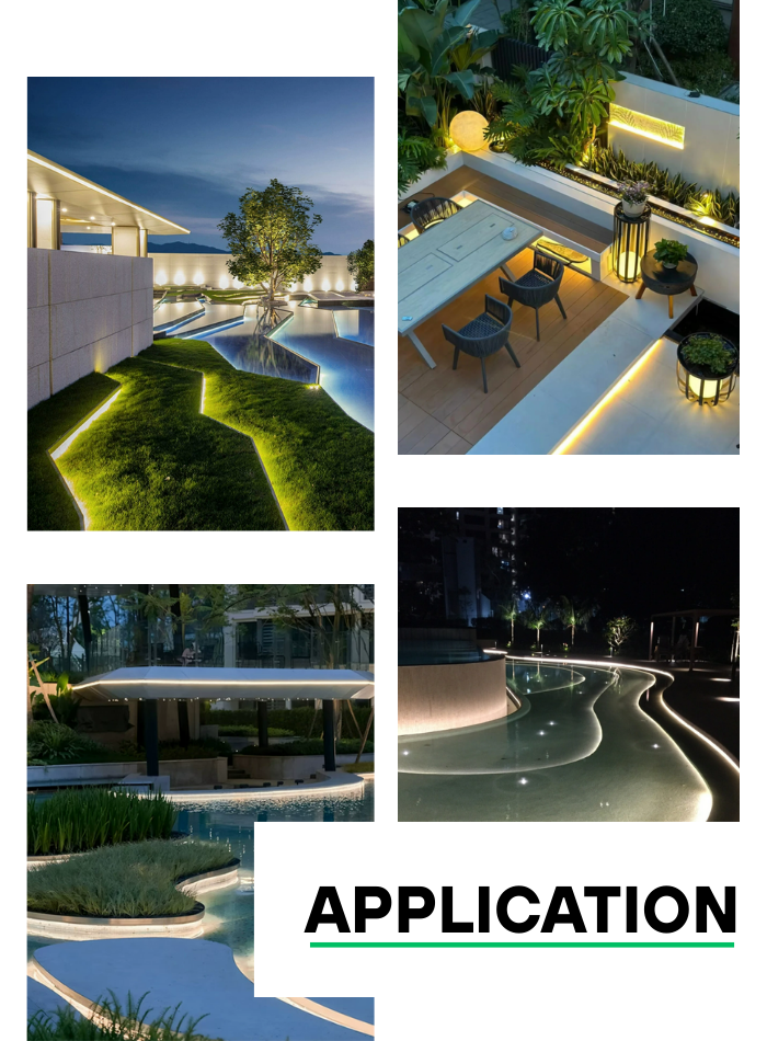 24V COB LED strip light with solid silicone, flicker-free, high CRI ≥80, cuttable every 5cm, sticky back, IP68 waterproof, suitable for indoor & outdoor use