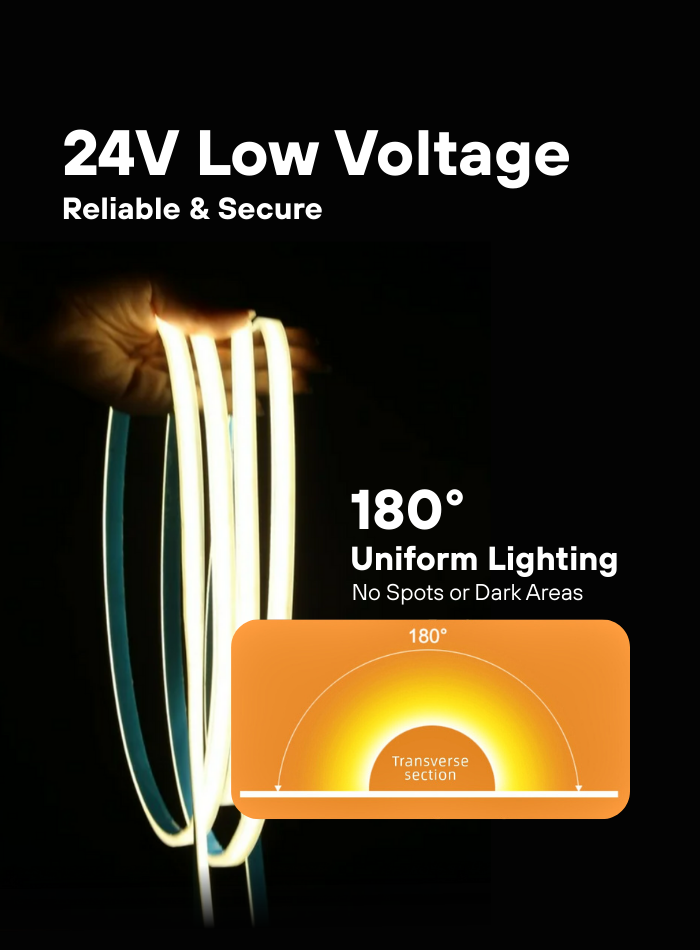 24V COB LED strip light with solid silicone, low voltage, flicker-free, high CRI ≥80, uniform lighting, cuttable every 5cm, sticky back, IP68 waterproof