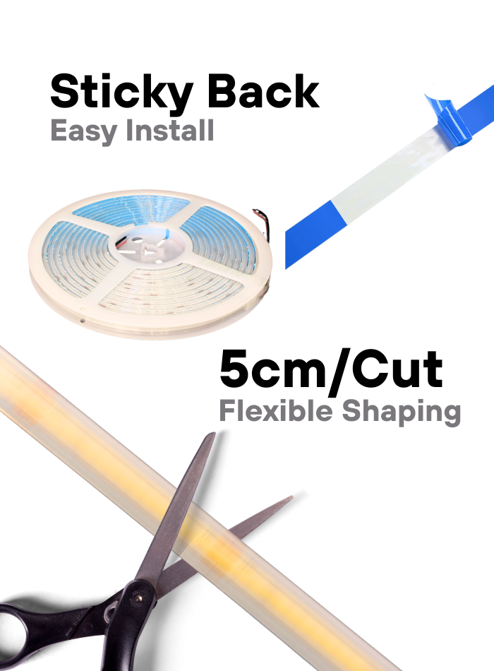 COB LED strip light with sticky back, cuttable every 5cm, solid silicone, flicker-free, high CRI ≥80, IP68 waterproof