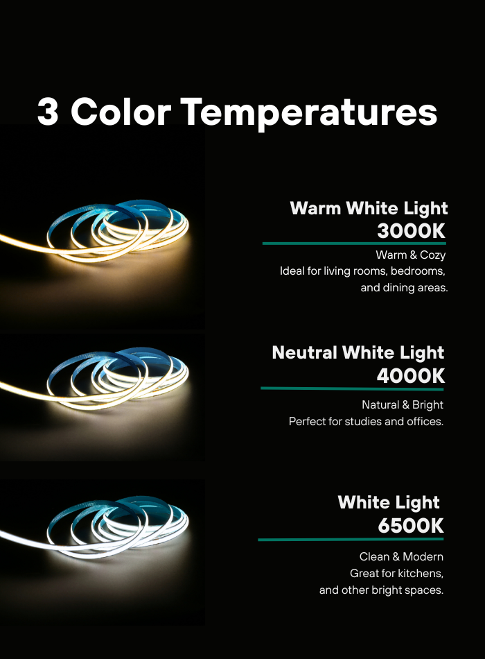 COB LED strip light available in Warm White, Neutral White, and White