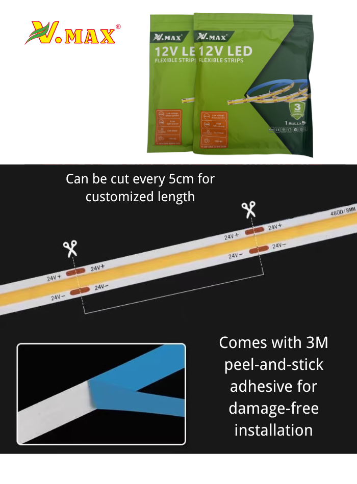 Vmax 12V COB Flexible LED Strip Light (IP20),5M/Roll,No Dark Spot