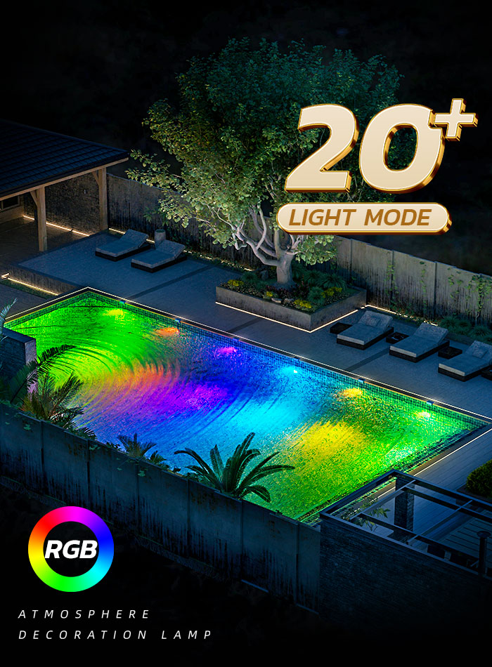 RGB pool light creating colorful water effects for garden and landscape