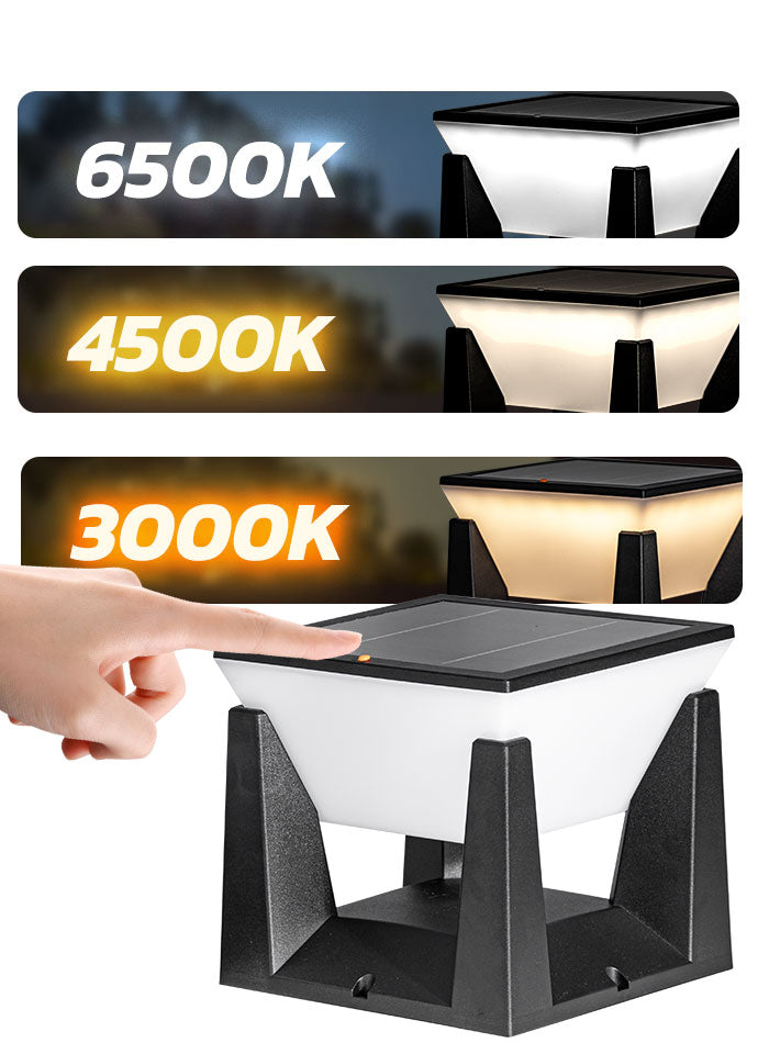 عمود إضاءة خارجي يعرض ثلاثة ألوان: أبيض دافئ، أبيض طبيعي، وأبيض بارد، مثالي لمداخل الفلل.