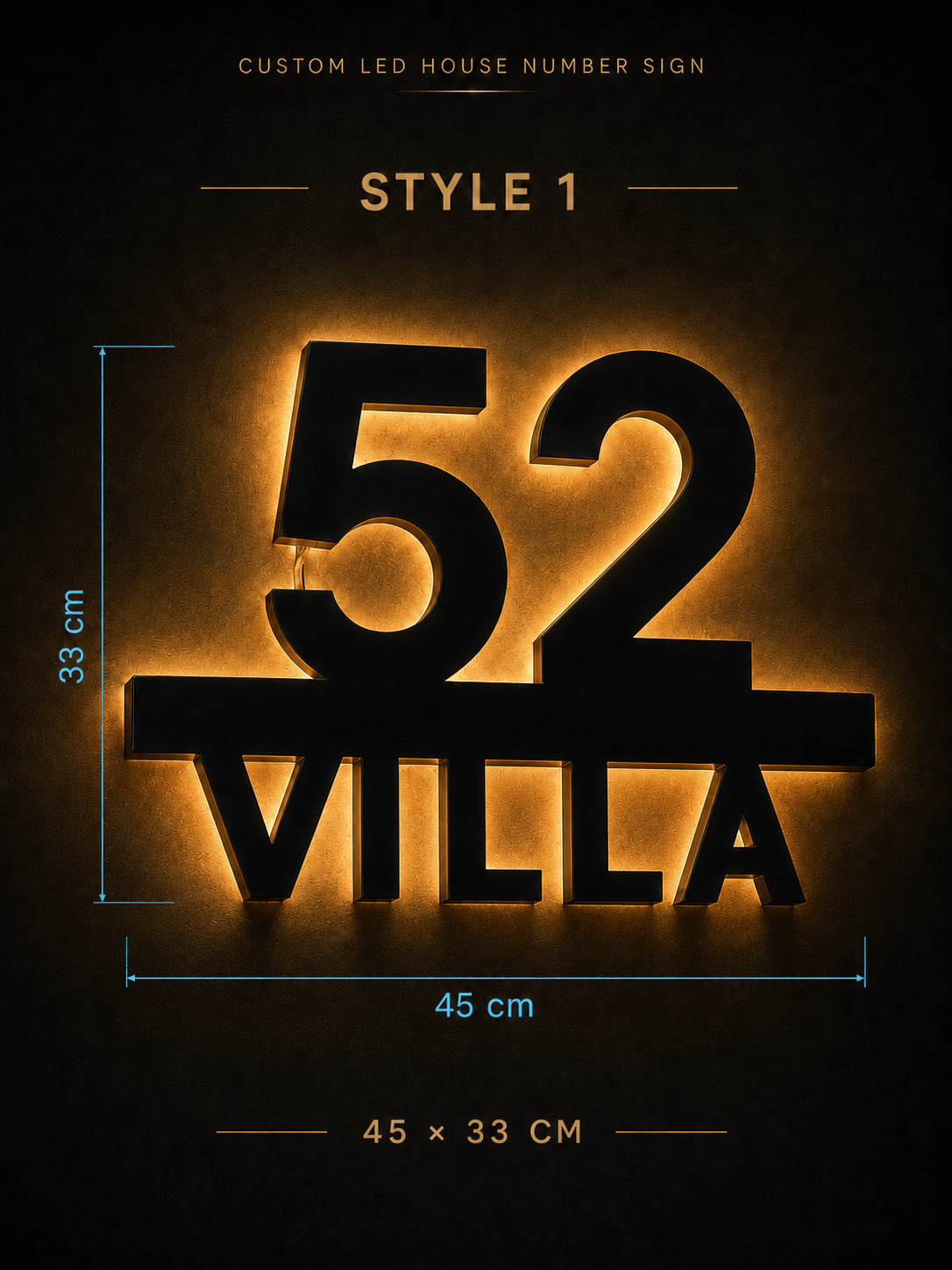 Custom LED house number sign with 52 and VILLA, warm backlit design, 45 x 33 cm