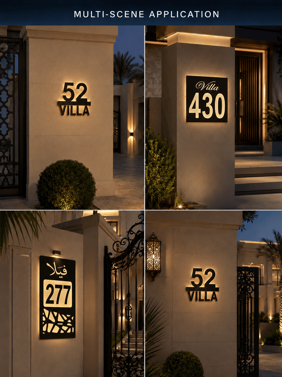 Custom LED house number sign installed on villa entrance walls in multiple outdoor scenes in Kuwait