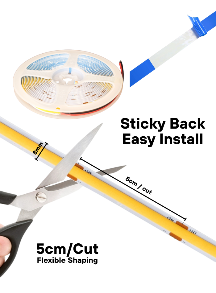 COB LED strip light cuttable every 5cm with sticky backing
