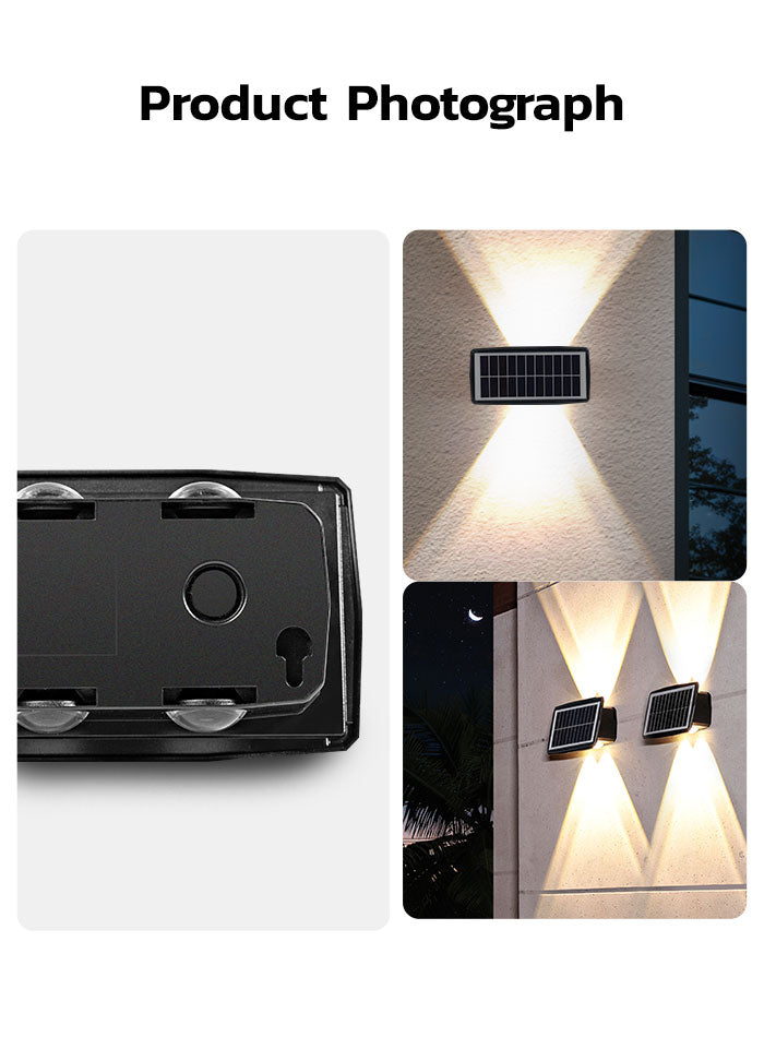 Decorative solar-powered wall light with soft warm white glow – perfect for porches, fences, and villa exteriors