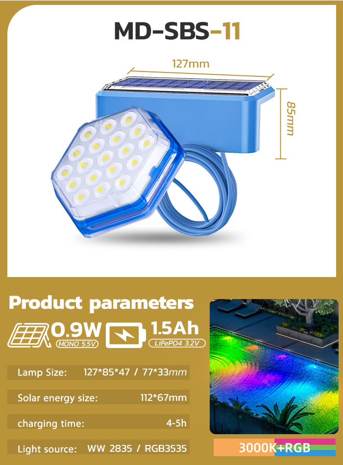 Energy-saving RGB LED pool light with monocrystalline solar panel