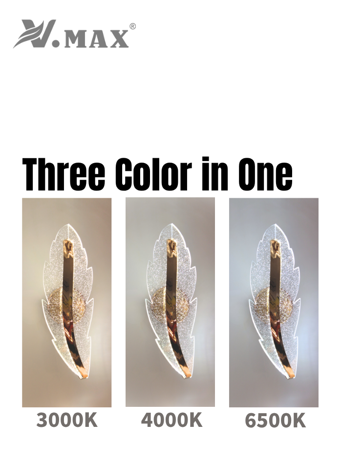 Feather LED wall light with 3 color modes: warm white, neutral white, and cool white lighting.