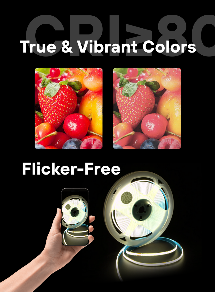 Flicker-free COB LED strip light with high CRI for comfortable, vivid lighting