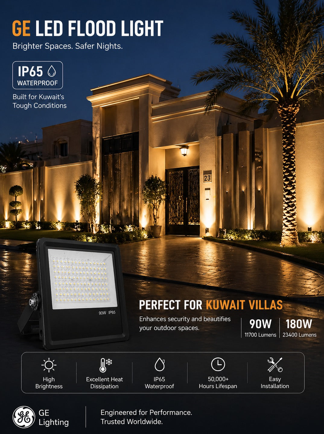 GE LED flood light installed in Kuwait villa outdoor lighting, IP65 waterproof garden light 90W 180W
