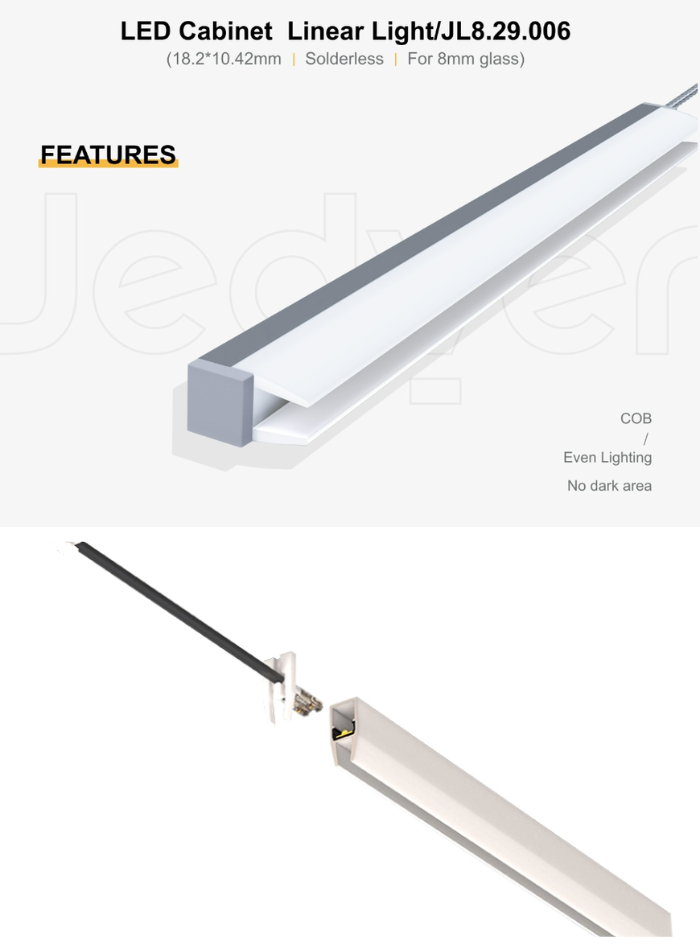 Glass-mounted LED cabinet light clipped onto a glass shelf, modern and sleek design